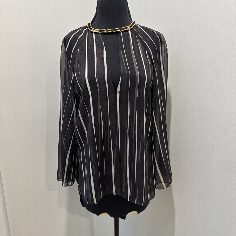 HALSTON HERITAGE Gauzy Striped Blouse 6 Black White Chic